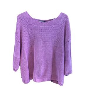 Lafayette 148 New York Sweater  L Raspberry 3/4 Sleeve Boat Neck Cotton Linen